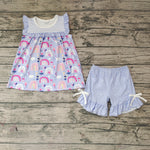 SALE GSSO0214 Summer Rainbow Flower Purple Dots Girl's Shorts Set