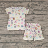 GSSO0229 Rainbow Smiley Flower Girl's Shorts Set Ribbed Stripe Milk Silk