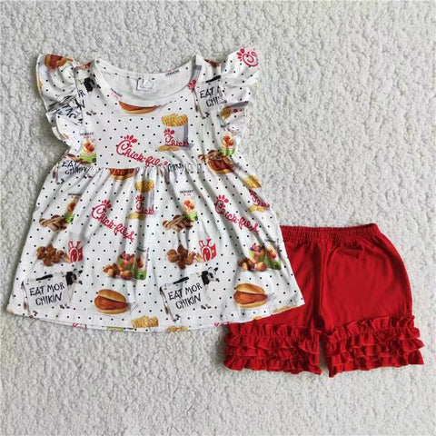 SALE A7-22 Eat More Chicken Chick Fil Foods Red Girl Shorts Set