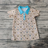 BT0210 Skull Bull Blue Short Sleeves Buttons Boy's Shirt Waffle Milk silk Fabric