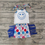 GSD0325 July 4th Smiley face Star Tassel Skirt Girl's Set