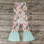 SR0368 Summer Flower Mint Girl's Jumpsuit Ribbed Fabric