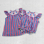 GSD0387 Smocked July 4th Flag Red Blue Plaid Boutique Girl's Dress