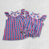 SR0388 Smocked July 4th Flag Red Blue Plaid Boutique Baby Girl's Romper