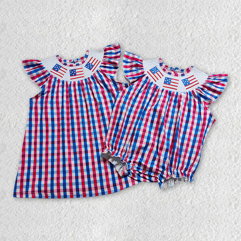 GSD0387 Smocked July 4th Flag Red Blue Plaid Boutique Girl's Dress
