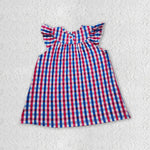 GSD0387 Smocked July 4th Flag Red Blue Plaid Boutique Girl's Dress