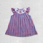 GSD0387 Smocked July 4th Flag Red Blue Plaid Boutique Girl's Dress