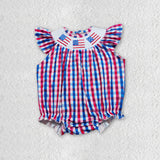 SR0388 Smocked July 4th Flag Red Blue Plaid Boutique Baby Girl's Romper