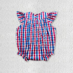 SR0388 Smocked July 4th Flag Red Blue Plaid Boutique Baby Girl's Romper