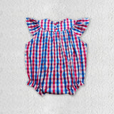 SR0388 Smocked July 4th Flag Red Blue Plaid Boutique Baby Girl's Romper