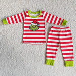 6 B12-28 Boy's Red Stripe Matching Green animal Pajamas