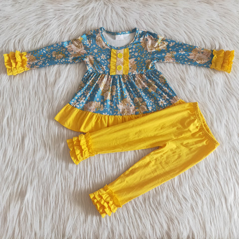 Girl's Floral Blue Ruffles Yellow Boutique Outfits