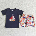 C8-10 Dark Blue Boat New Boy's Shorts Set