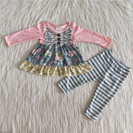 SALE 6 B0-17 Girl's Floral Pink Blue Stripe Boutique Outfits