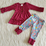 Girl's Fuchsia Red Floral With Buttons Ruffles Colorful Outifts