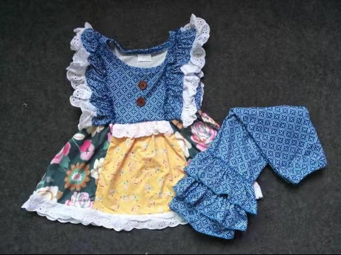 Blue plaid set with button yellow lace