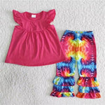 Rose sleeveless shirt colorful tie dye pants set