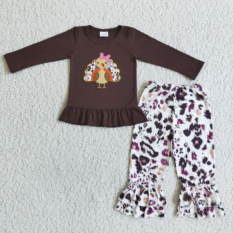 Thanksful Embroidery Turkey Brown Leopard Girl's Set