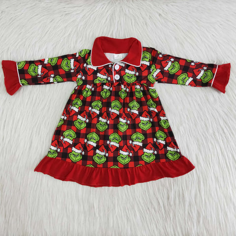 Boutique Girl's Gown Red Green animal Christmas Cartoons Print With Buttoms