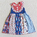 Blue dress with red plaid blue star cherry and two buttons