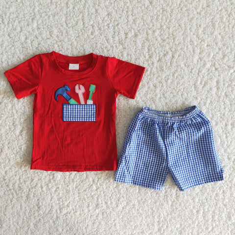 A4-11 Summer Embroidery Tool Red Blue Plaid Boy Shorts Set