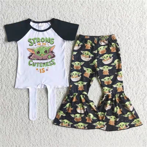 SALE E1-2 Black Cartoon Short Sleeves Girl's Set