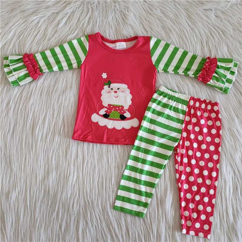 Christmas Santa Claus Green Red Stripe Dots Print Girl's Clothes