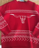 BT0218 Western Skull Bull Red Knit Sweater