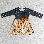 Halloween Bat Pumpkin Black Dots Girl's Dress
