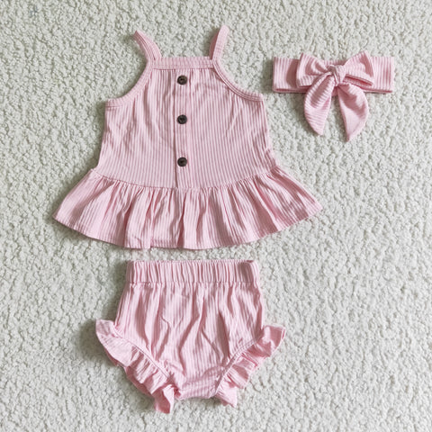 GBO0054 New Summer Pink Cotton Button Top Ruffles Bummie With Bow Three Pcs Set