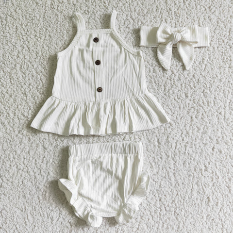 GBO0055 New Summer White Cotton Button Top Ruffles Bummie With Bow Three Pcs Set