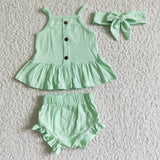 New Summer Green Cotton Button Top Ruffles Bummie With Bow Three Pcs Set