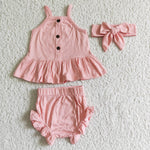 GBO0057 New Summer Bright Pink Cotton Button Top Ruffles Bummie With Bow Three Pcs Set