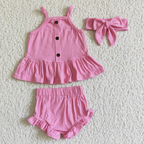 GBO0058 New Summer Dark Pink Cotton Button Top Ruffles Bummie With Bow Three Pcs Se