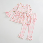 Christmas Santa Pink Plaid Pockets Cute Ruffles Girl's Set