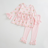 Christmas Santa Pink Plaid Pockets Cute Ruffles Girl's Set