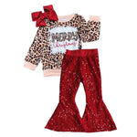 Merry Christmas Leopard Sequin Red Girl's Set