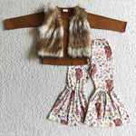 Boutique Western Brown Cow Flower Vest 3 pcs Girl's Outfits