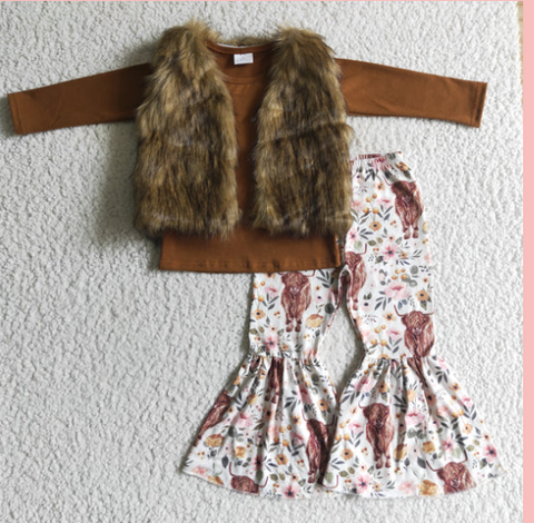 Boutique New Western Brown Cow Flower Vest 3 pcs Girl's Outfits