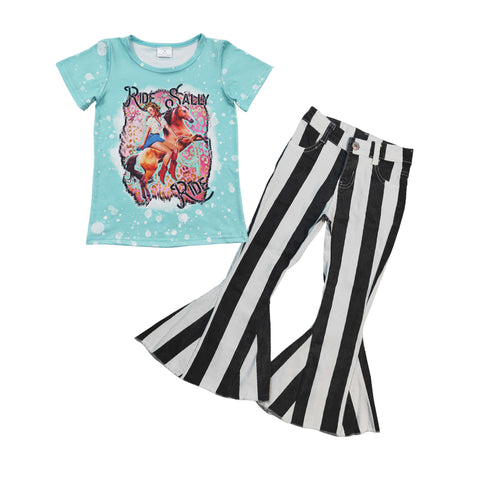 GSPO0598 RIDE SALLY Black Stripe Jeans 2 Pcs Girl's Set