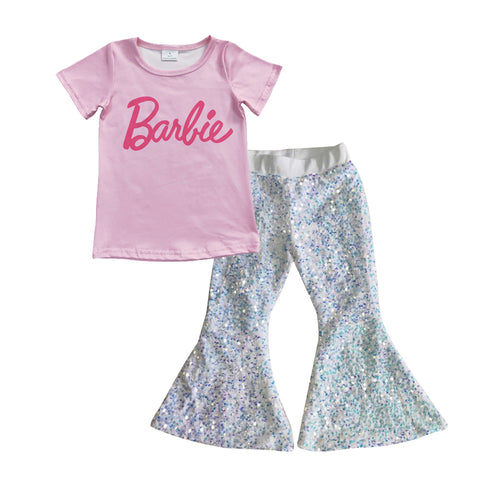 GSPO0625 Fashion Barbie Pink White Shiny Sequin Girl's Set