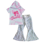 GSPO0626 Fashion Hoodie Barbie Pink White Shiny Sequin Girl's Set