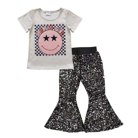 GSPO0627 Fashion MAMA'S GIRL Black Shiny Sequin Girl's Set