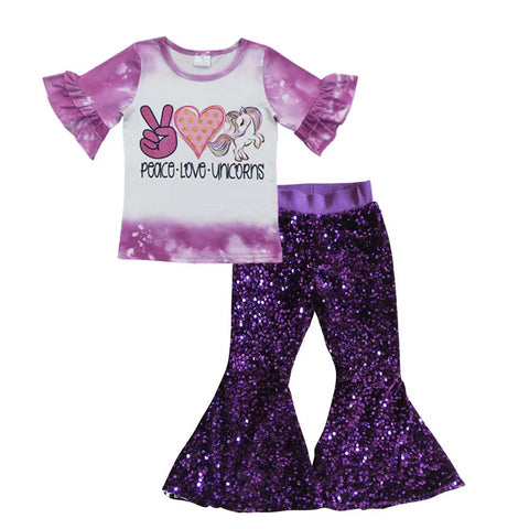 GSPO0629 Fashion Peace Love Unicorns Purple Shiny Sequin Girl's Set