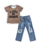 GSPO0642 A little bit dramatic Leopard Hole Jeans 2 Pcs Girl's Set