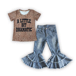 GSPO0643 A little bit dramatic Leopard Blue Bleach Flared Jeans 2 Pcs Girl's Set