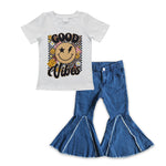 GSPO0649 GOOD Vibes Fashion Jeans 2 Pcs Girl's Set