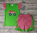 Embroidery Watermelon Car Green Red Girl's Shorts Set