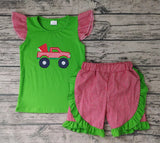 Embroidery Watermelon Car Green Red Girl's Shorts Set