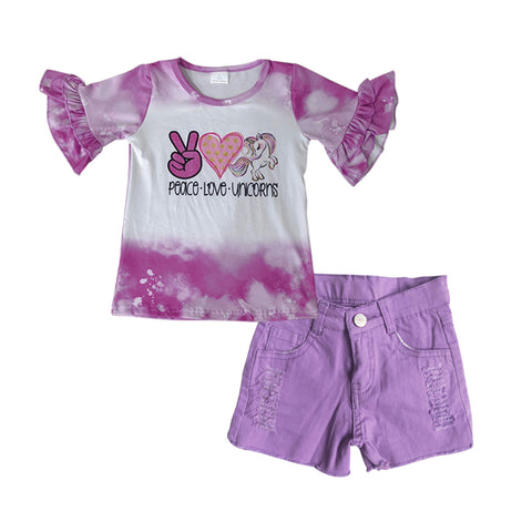 GSSO0286 Peace Love Unicorns Purple Denim Shorts 2 Pcs Girl's Set